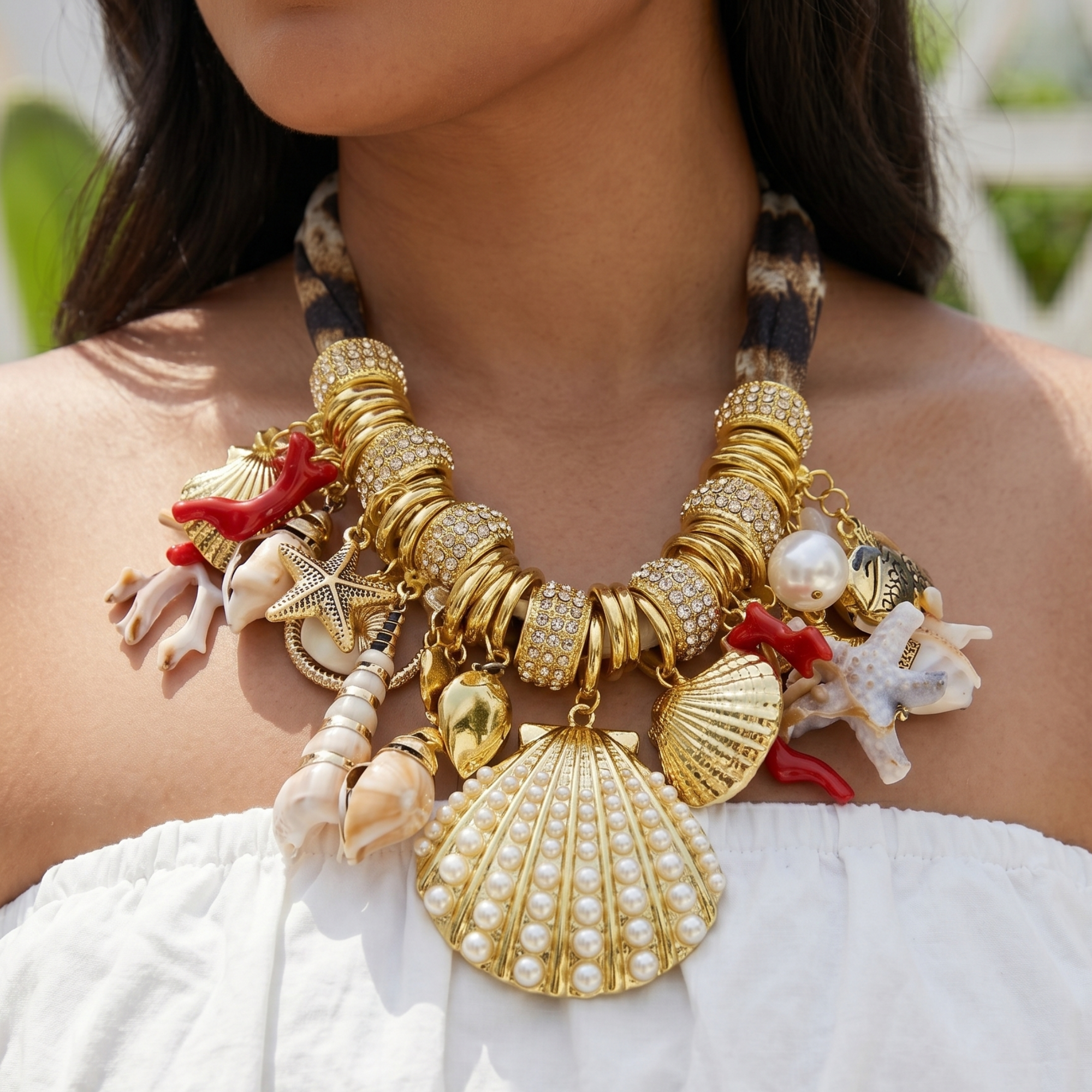 Statement charm necklace featuring pearl-studded shell pendants, coral accents, starfish charms, seashell details, pavé crystal elements, and gold-tone hardware by Sassy Jones.