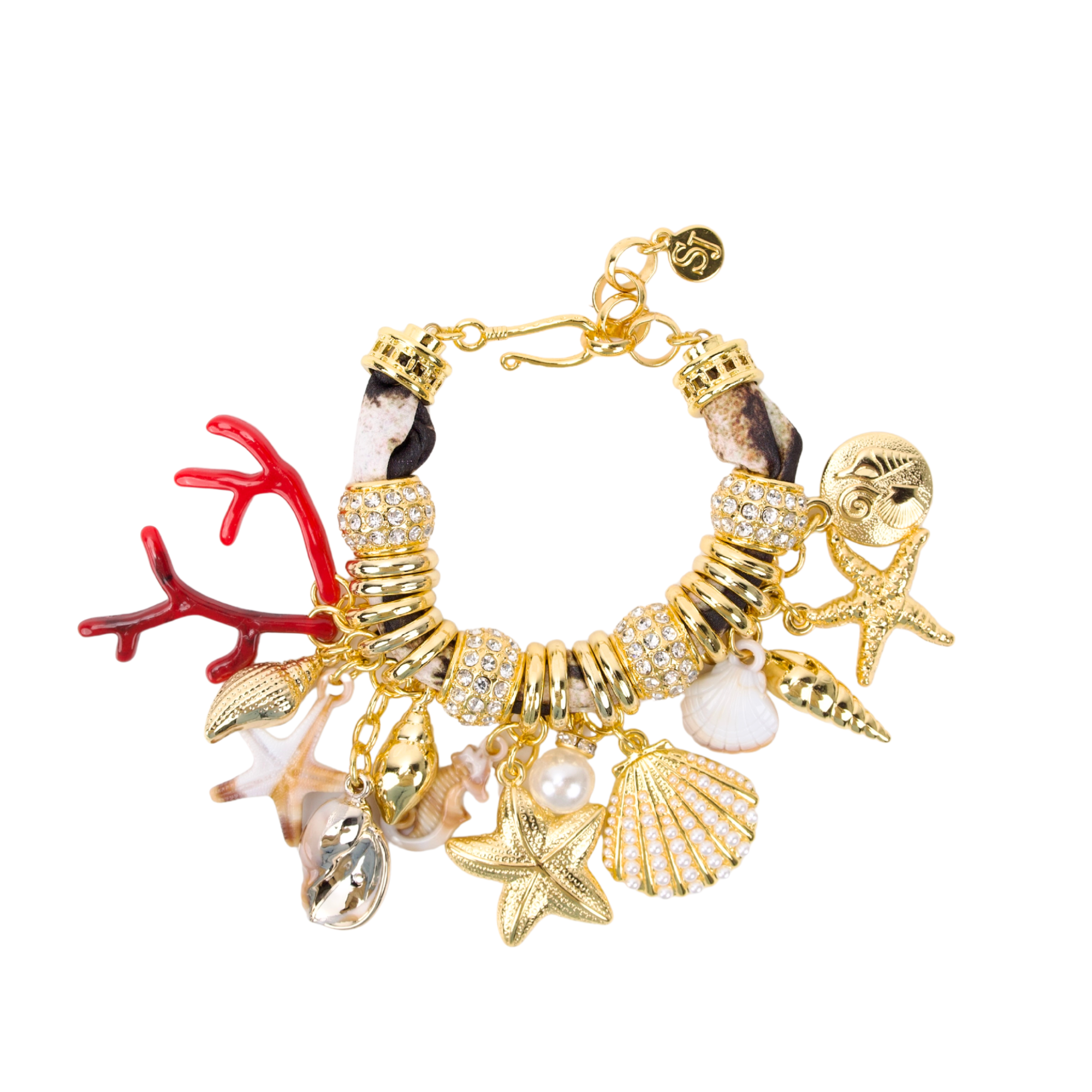 Statement charm bracelet featuring coral accents, starfish charms, seashell details, pearl embellishments, pavé crystal accents, and gold-tone hardware by Sassy Jones.