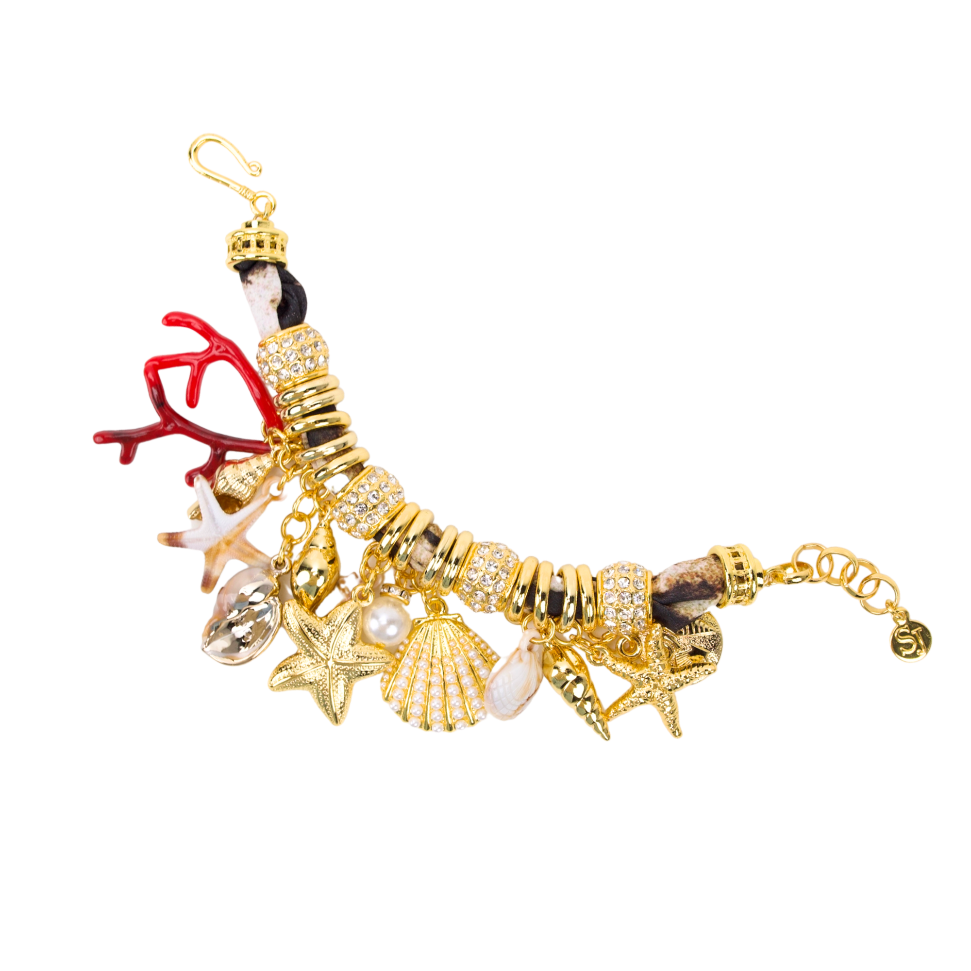Statement charm bracelet featuring coral accents, starfish charms, seashell details, pearl embellishments, pavé crystal accents, and gold-tone hardware by Sassy Jones.