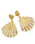 Gold shell dangle earrings featuring luminous pearl embellishments and coastal-inspired detailing by Sassy Jones.