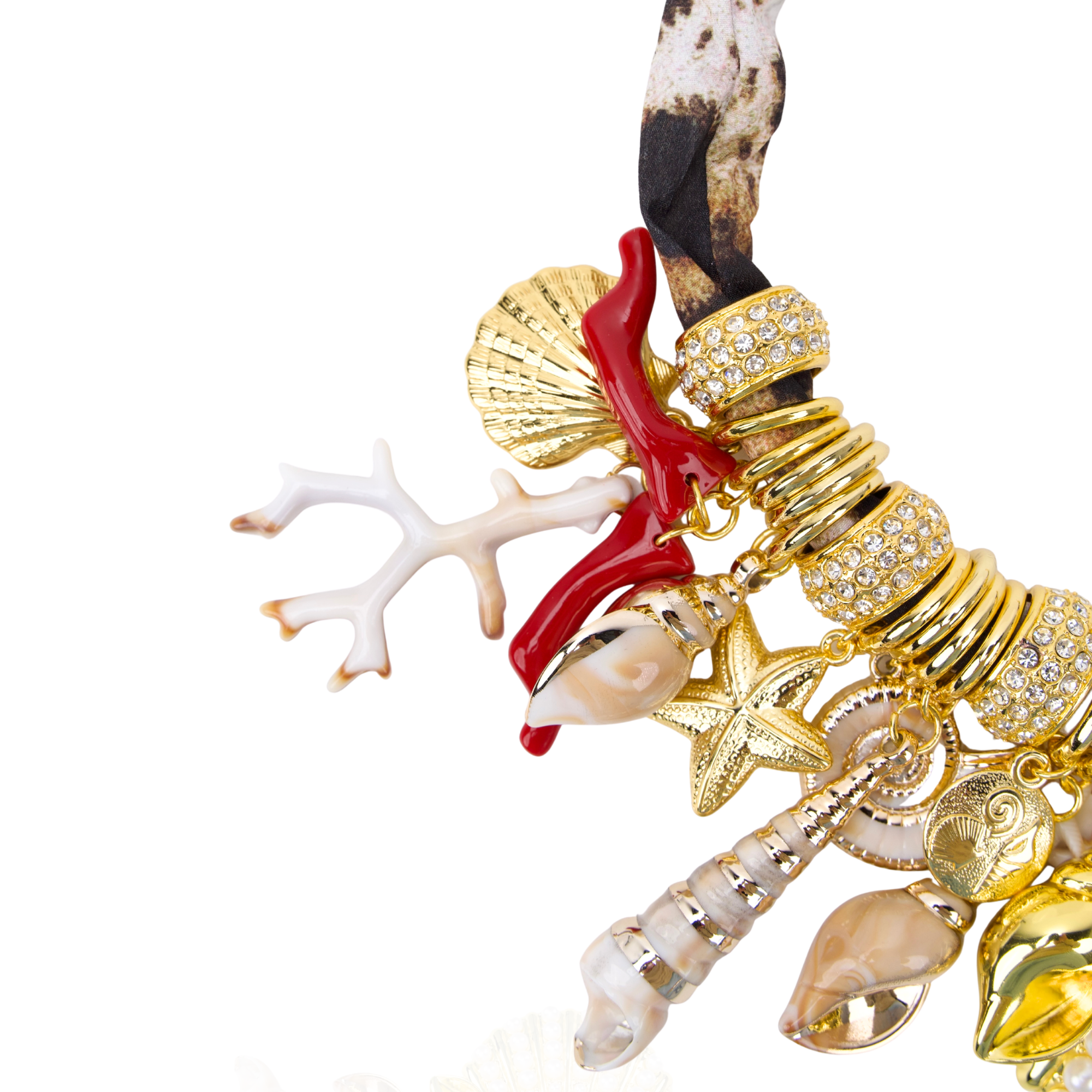 Statement charm necklace featuring pearl-studded shell pendants, coral accents, starfish charms, seashell details, pavé crystal elements, and gold-tone hardware by Sassy Jones.
