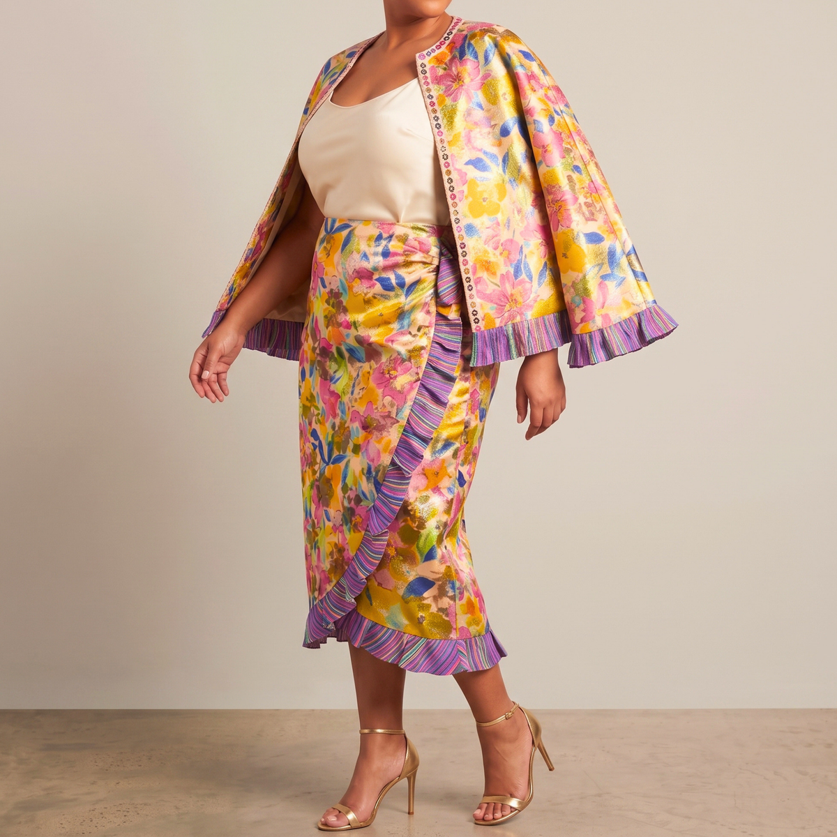 Camille Floral Jacquard Ruffled Wrap Skirt