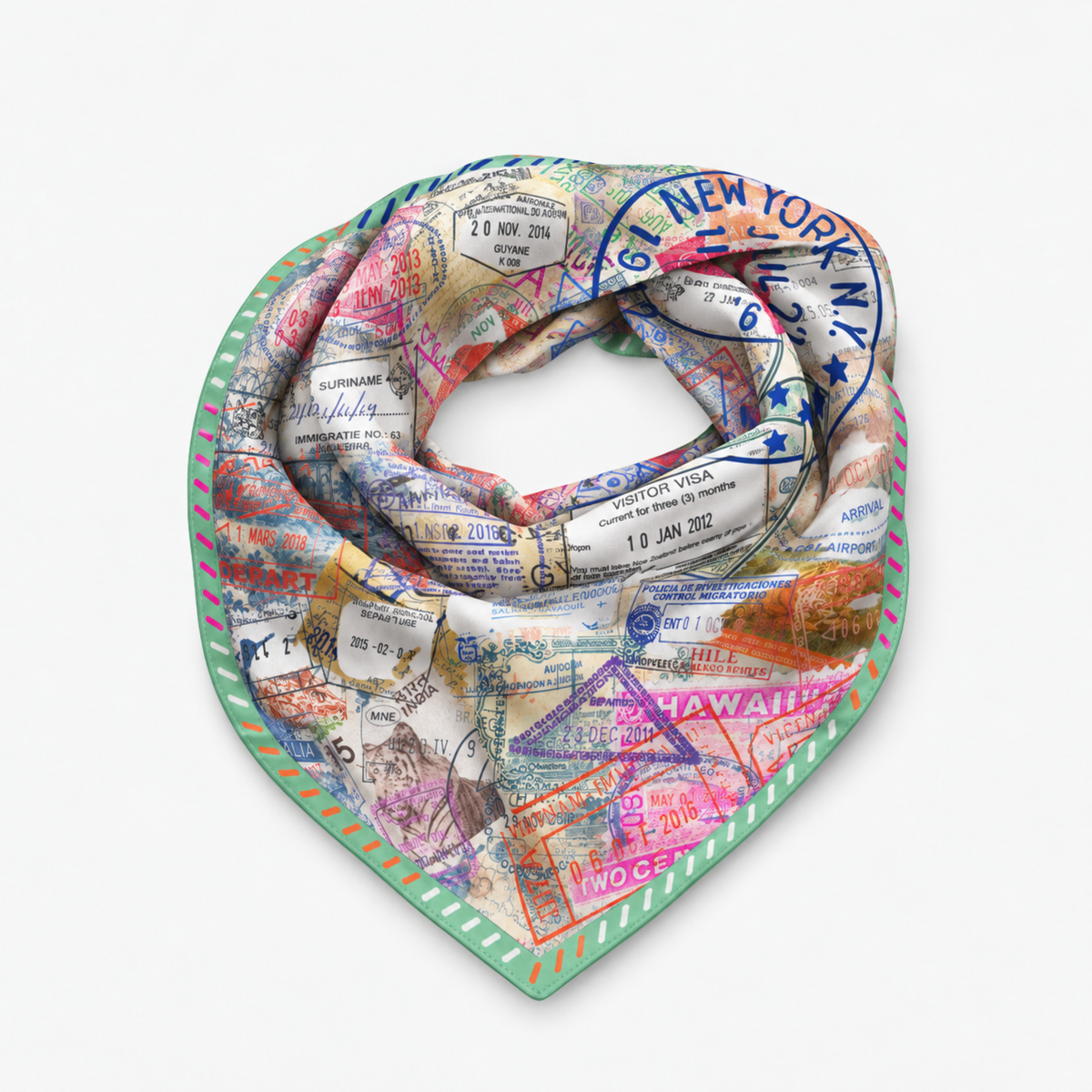 Charis Jetset Passport Stamp Oversized Square Scarf featuring colorful passport stamps and vintage travel inspired artwork.