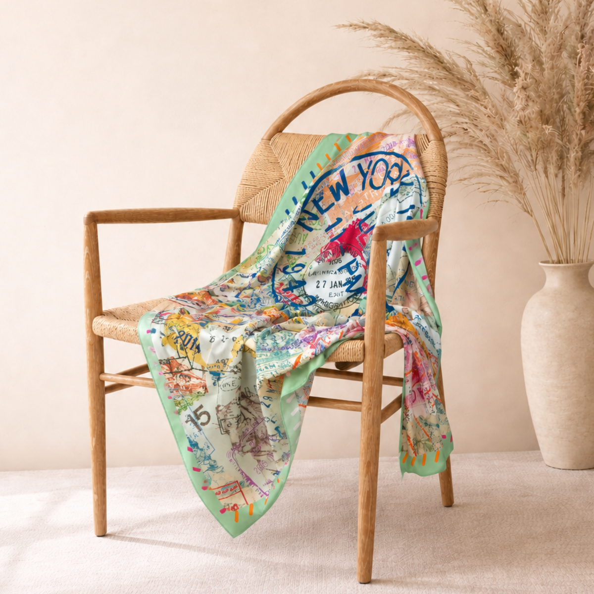 Travel inspired statement scarf featuring overlapping international passport stamps and decorative multicolor edging.