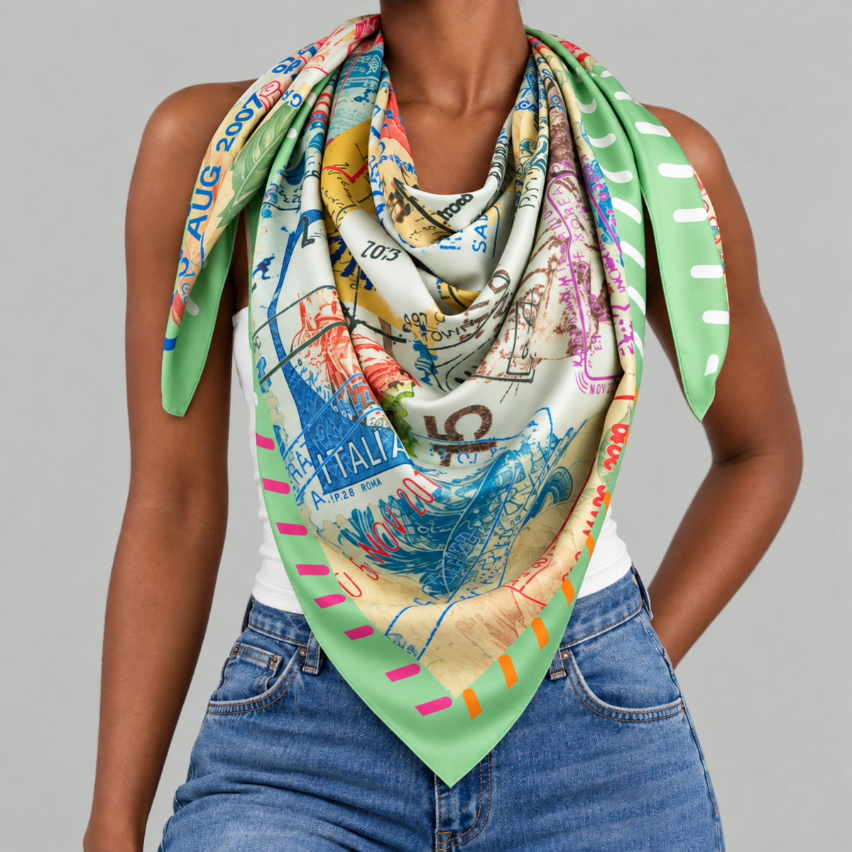 Multicolor oversized scarf featuring passport stamp illustrations in pink, blue, orange and green with a striped border.