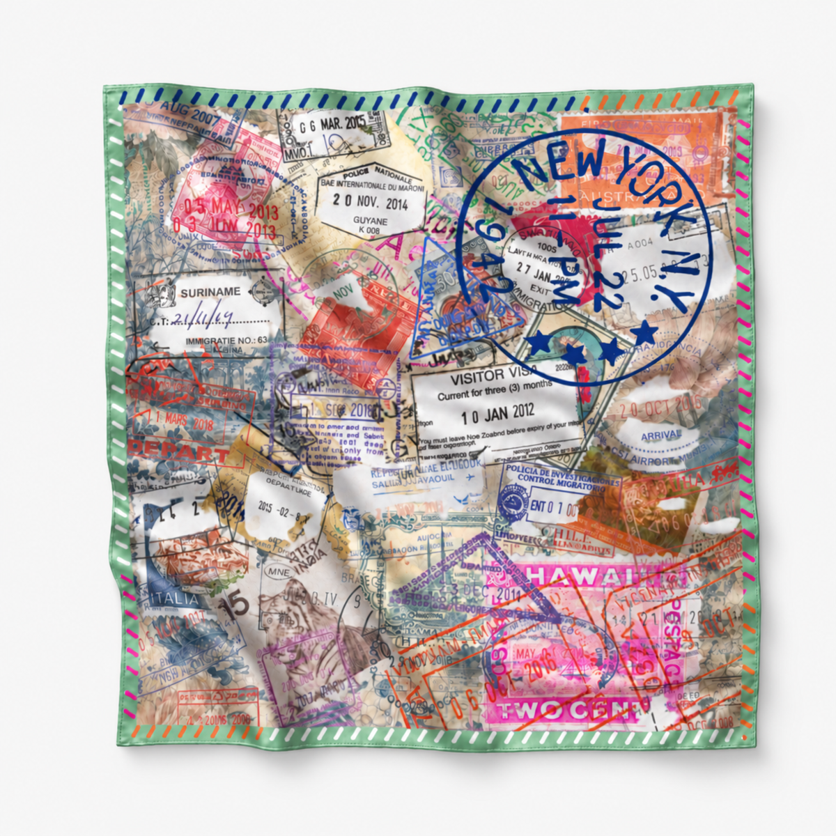 Sassy Jones Charis Jetset Scarf featuring a 51 inch square design with layered immigration stamps and destination graphics.