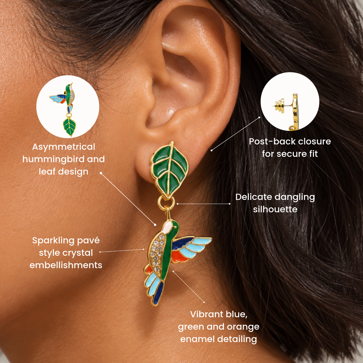 Sassy Jones Cherish Garden Earrings featuring blue and green hummingbirds with sparkling crystal accents.