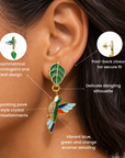 Sassy Jones Cherish Garden Earrings featuring blue and green hummingbirds with sparkling crystal accents.