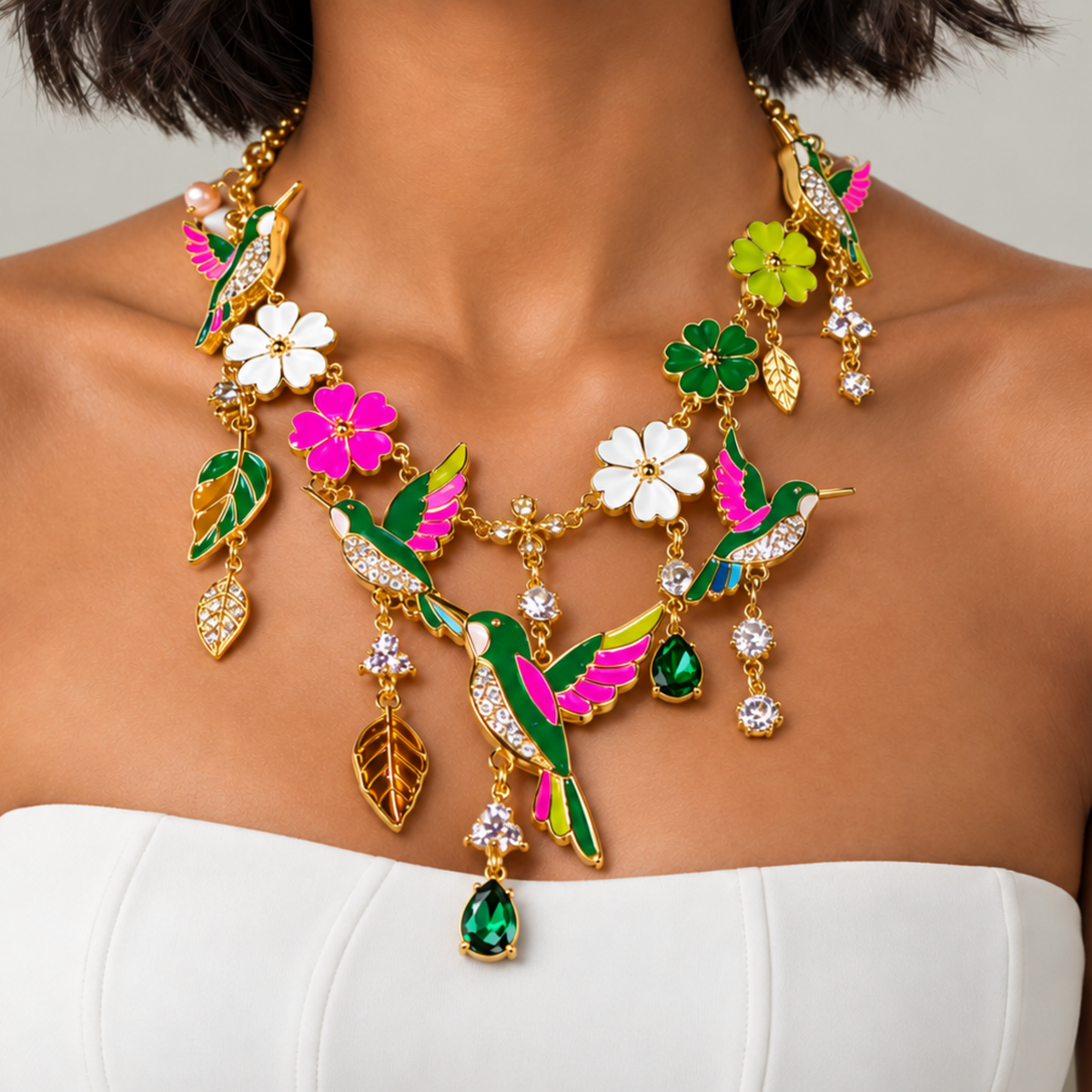 Whimsical garden inspired necklace featuring multicolor hummingbird pendants, gold leaves and decorative flower charms.