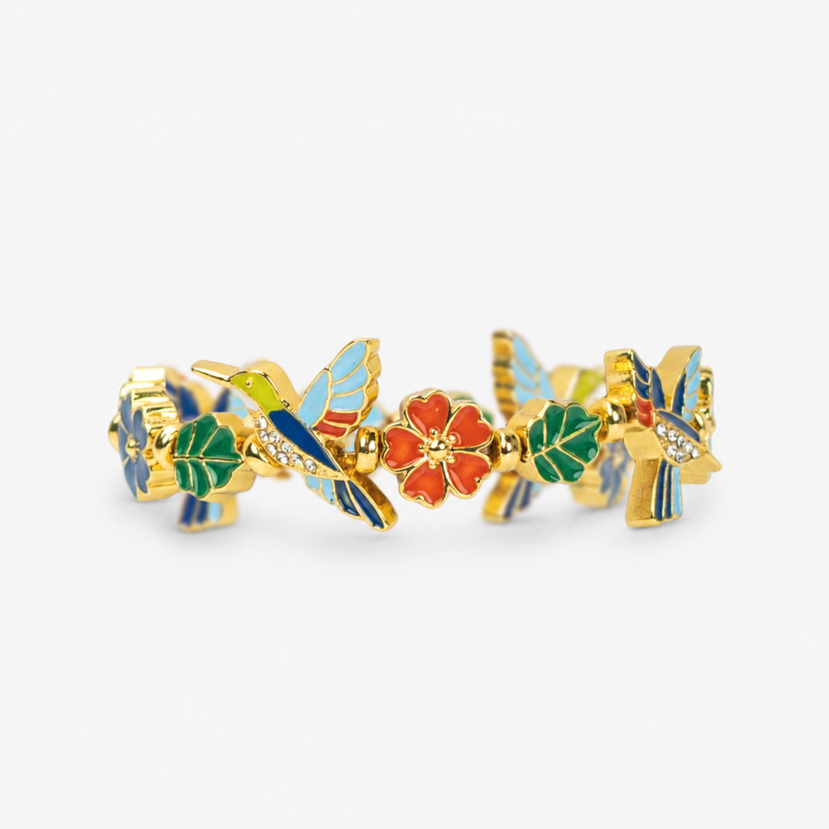 cherish Hummingbird 18k Garden Stretch Bracelet featuring colorful enamel hummingbirds, green leaves and coral floral accents.
