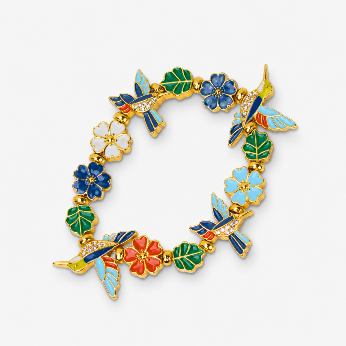 Sassy Jones Cherish Garden Bracelet showcasing blue and yellow hummingbirds with gold colored detailing.