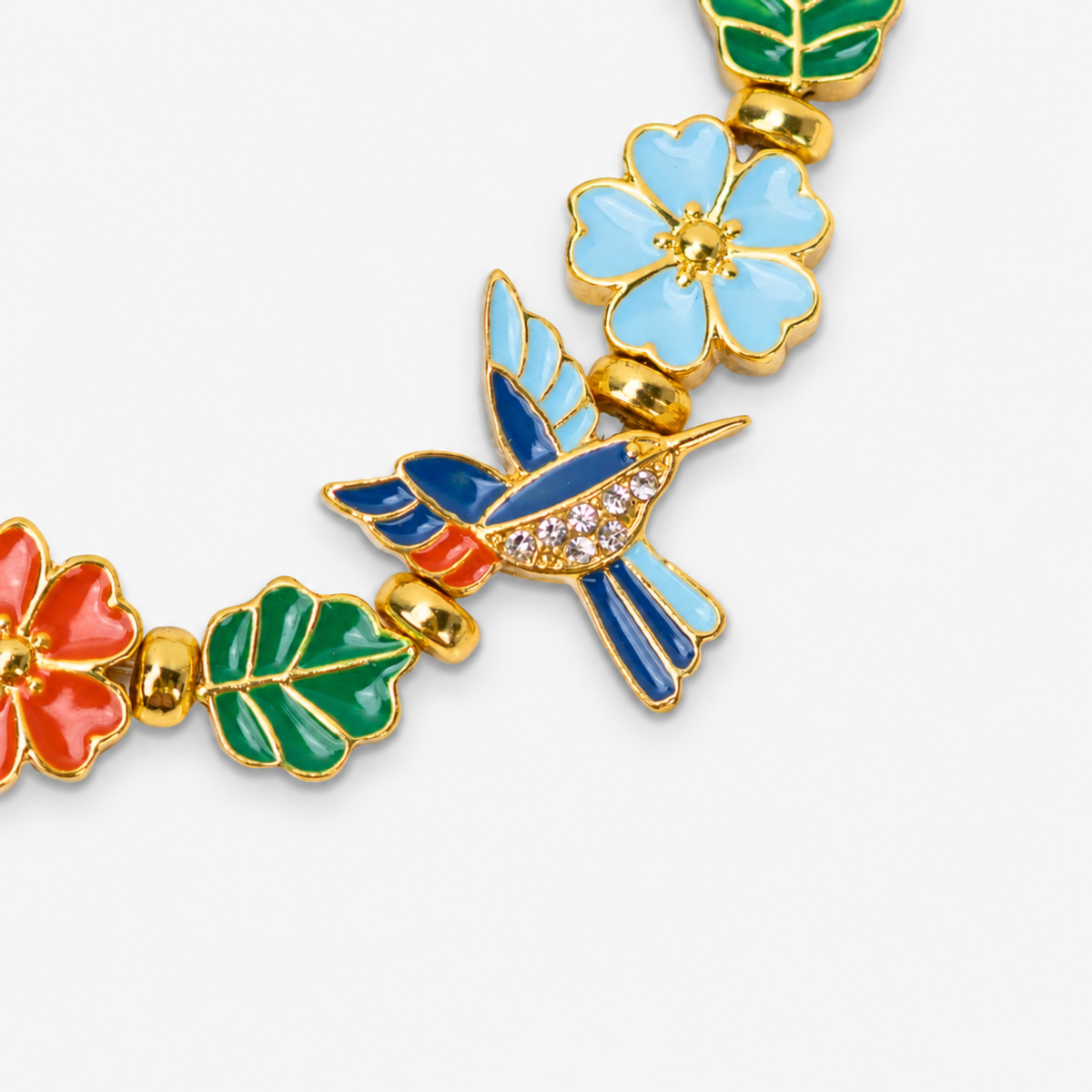 Cherish Hummingbird 18k Garden Stretch Bracelet displayed against a white background with colorful birds and floral details.