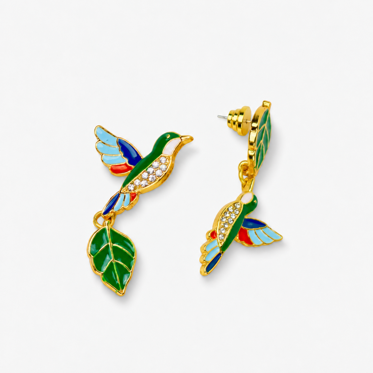 Sassy Jones Cherish Garden Earrings featuring blue and green hummingbirds with sparkling crystal accents.