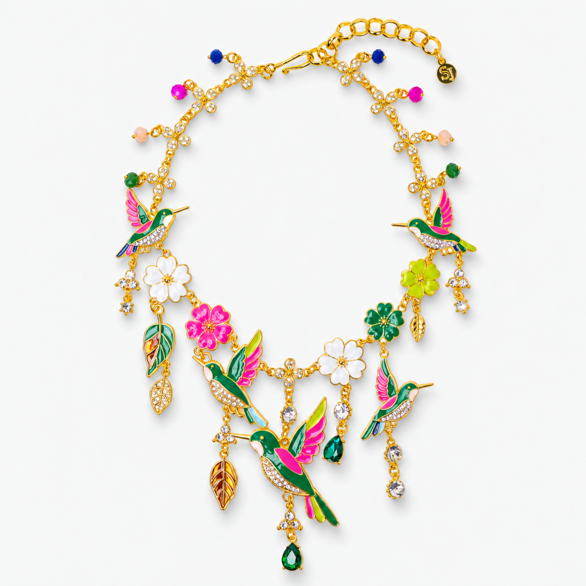 Cherish Hummingbird 18k Garden Necklace featuring colorful hummingbird charms, floral details and gold accents.