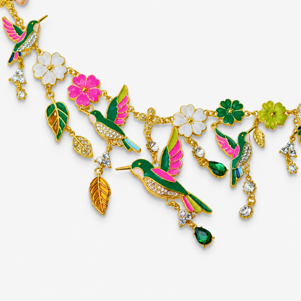 Sassy Jones Cherish Garden Necklace featuring green and pink hummingbirds surrounded by white, pink and green enamel flowers.
