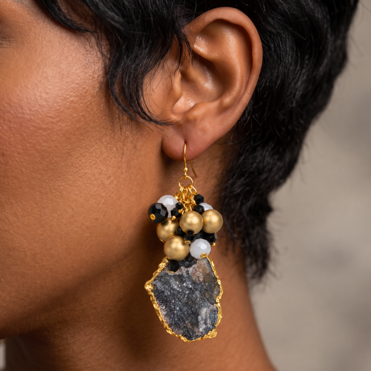 Chrysallis Natural Black/Gold Agate Dangle Earrings featuring raw agate slices with clustered black, white, and gold beads.