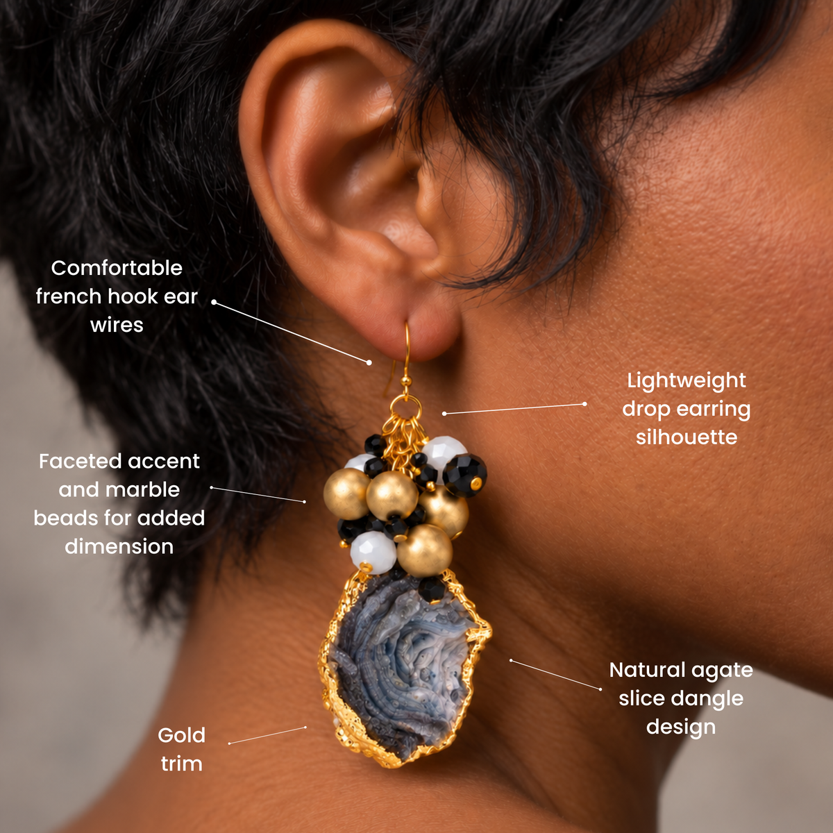 Chrysallis Natural Black/Gold Agate Dangle Earrings featuring raw agate slices with clustered black, white, and gold beads.