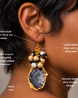 Chrysallis Natural Black/Gold Agate Dangle Earrings featuring raw agate slices with clustered black, white, and gold beads.