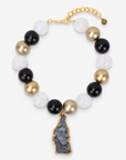 Chrysallis Agate Chunky Chain Black Gold featuring oversized black, clear, and brushed gold beads with a natural agate pendant.