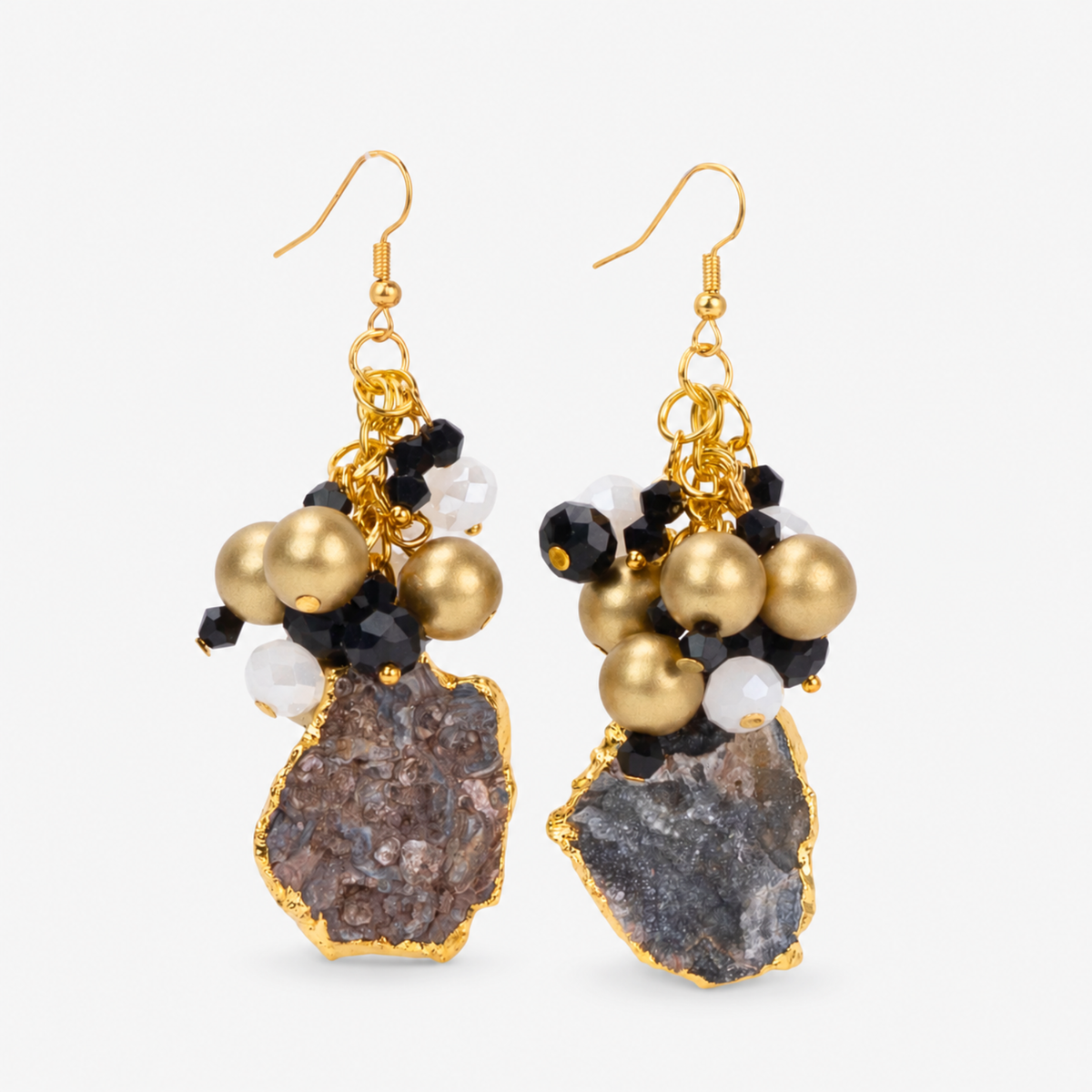 Chrysallis Natural Black/Gold Agate Dangle Earrings featuring raw agate slices with clustered black, white, and gold beads.