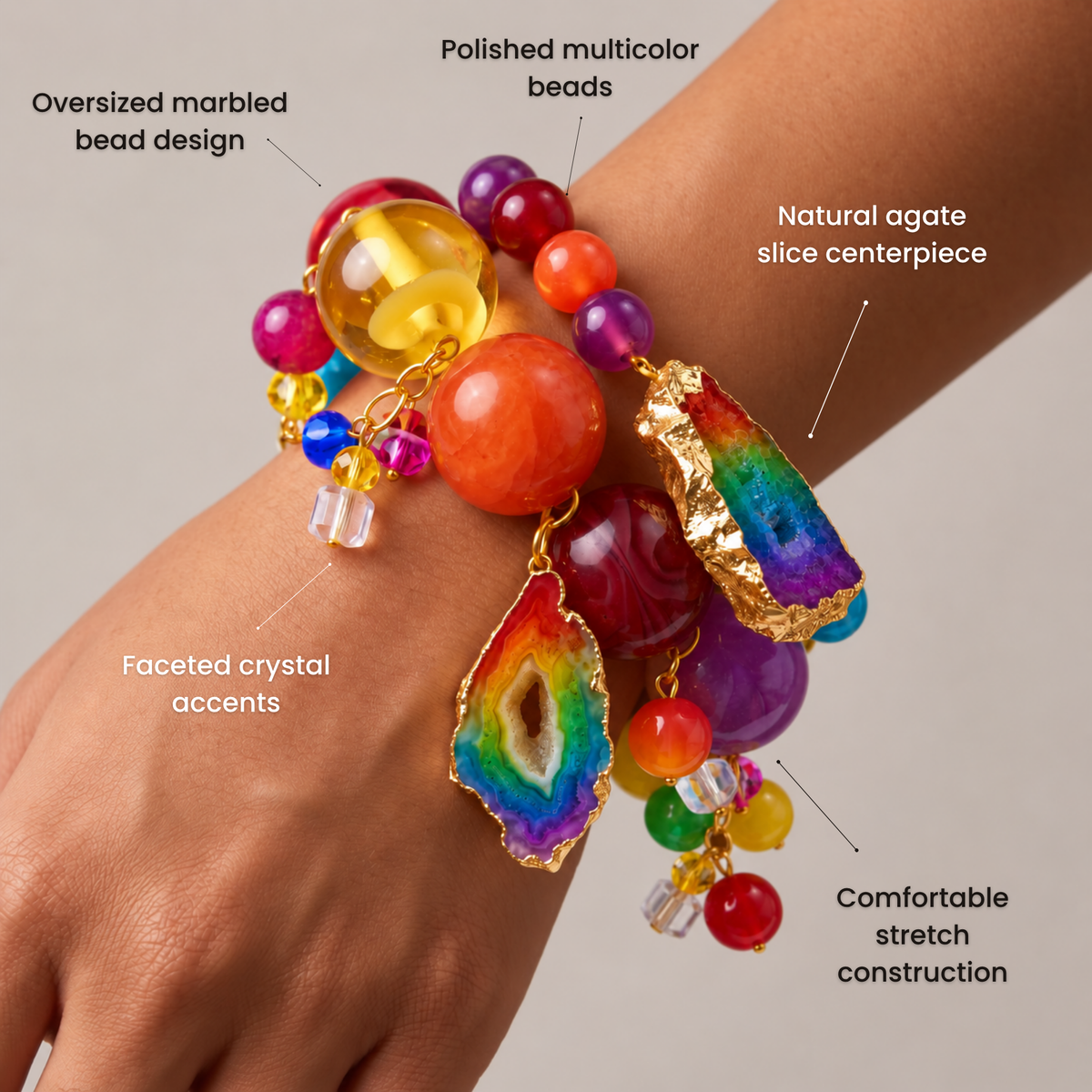 Multicolor bracelet stack featuring red, yellow, orange, purple, and rainbow beads with natural agate accents.