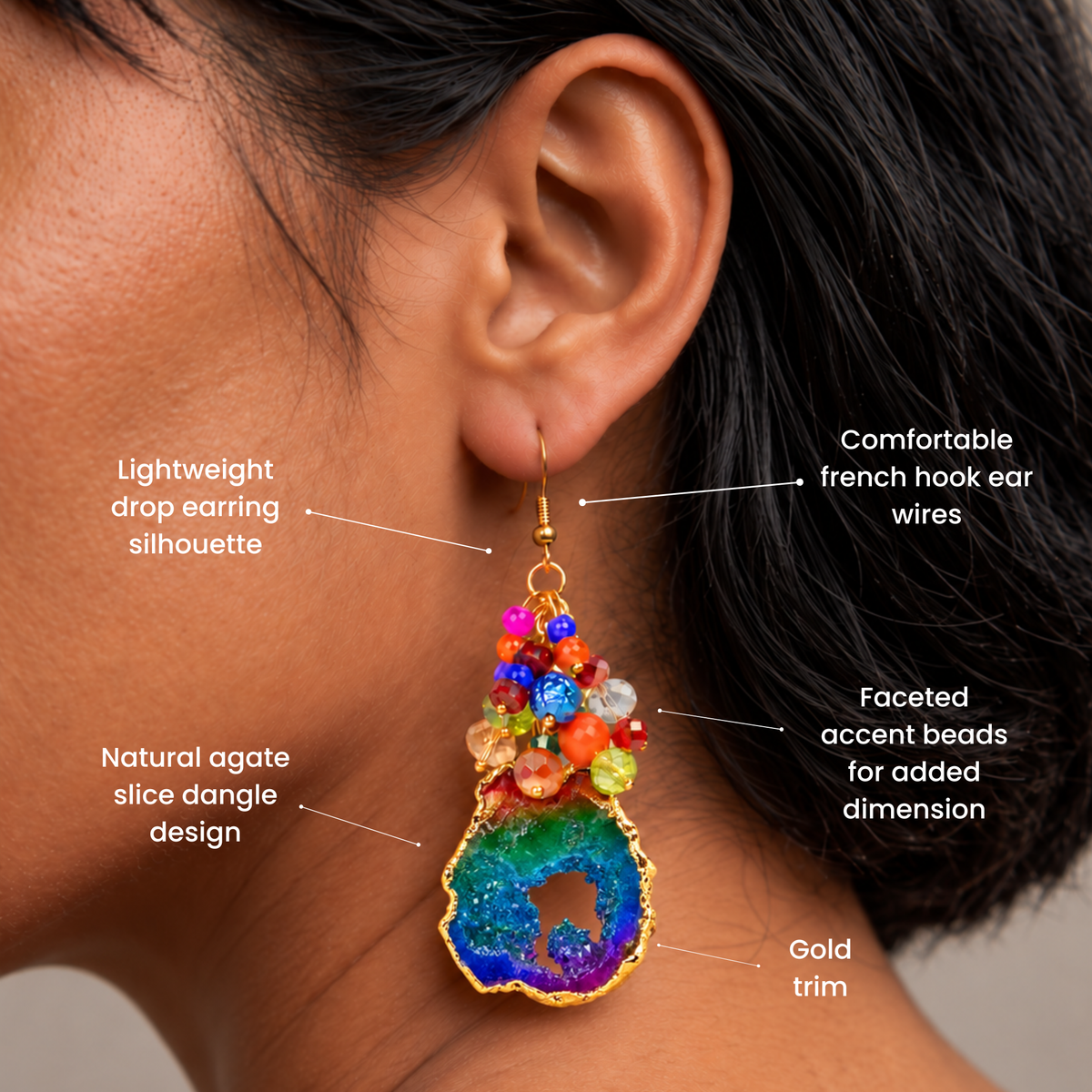 Multicolor statement earrings with raw agate drops, faceted rainbow beads, and gold details.