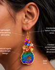 Multicolor statement earrings with raw agate drops, faceted rainbow beads, and gold details.