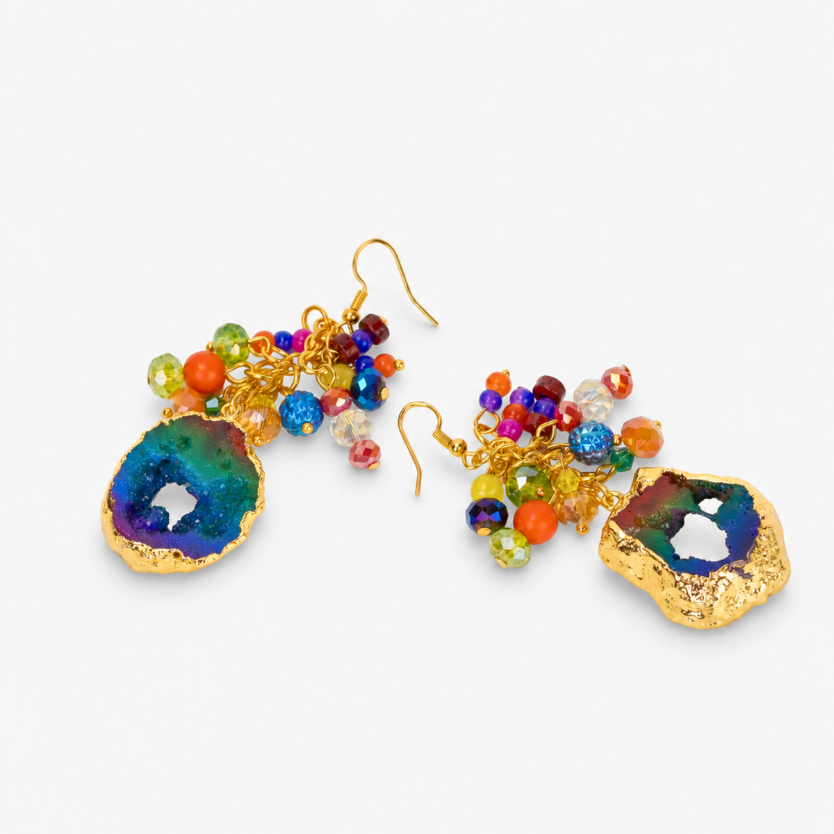 Multicolor statement earrings with raw agate drops, faceted rainbow beads, and gold details.