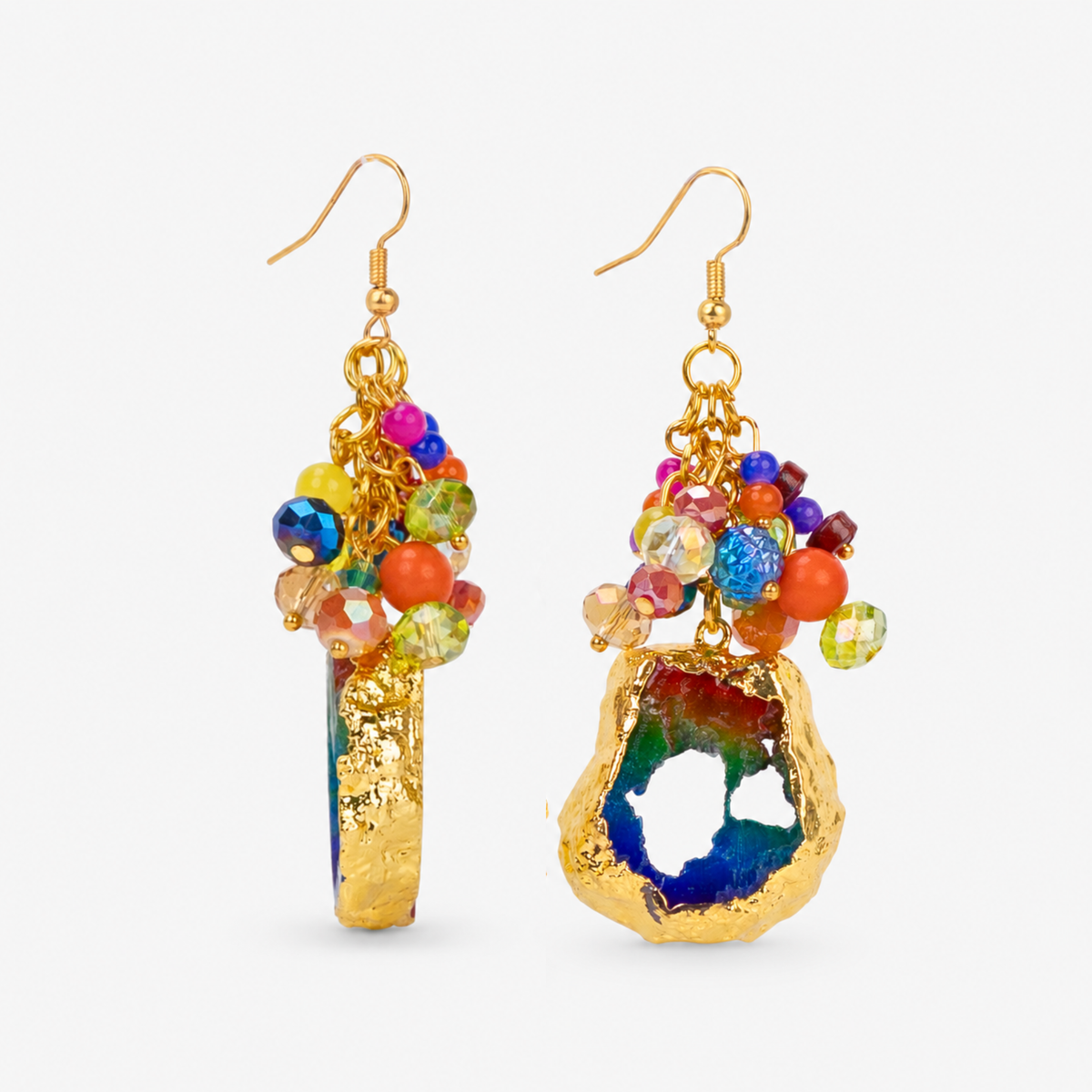 Multicolor statement earrings with raw agate drops, faceted rainbow beads, and gold details.
