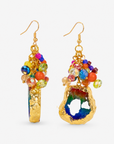 Multicolor statement earrings with raw agate drops, faceted rainbow beads, and gold details.