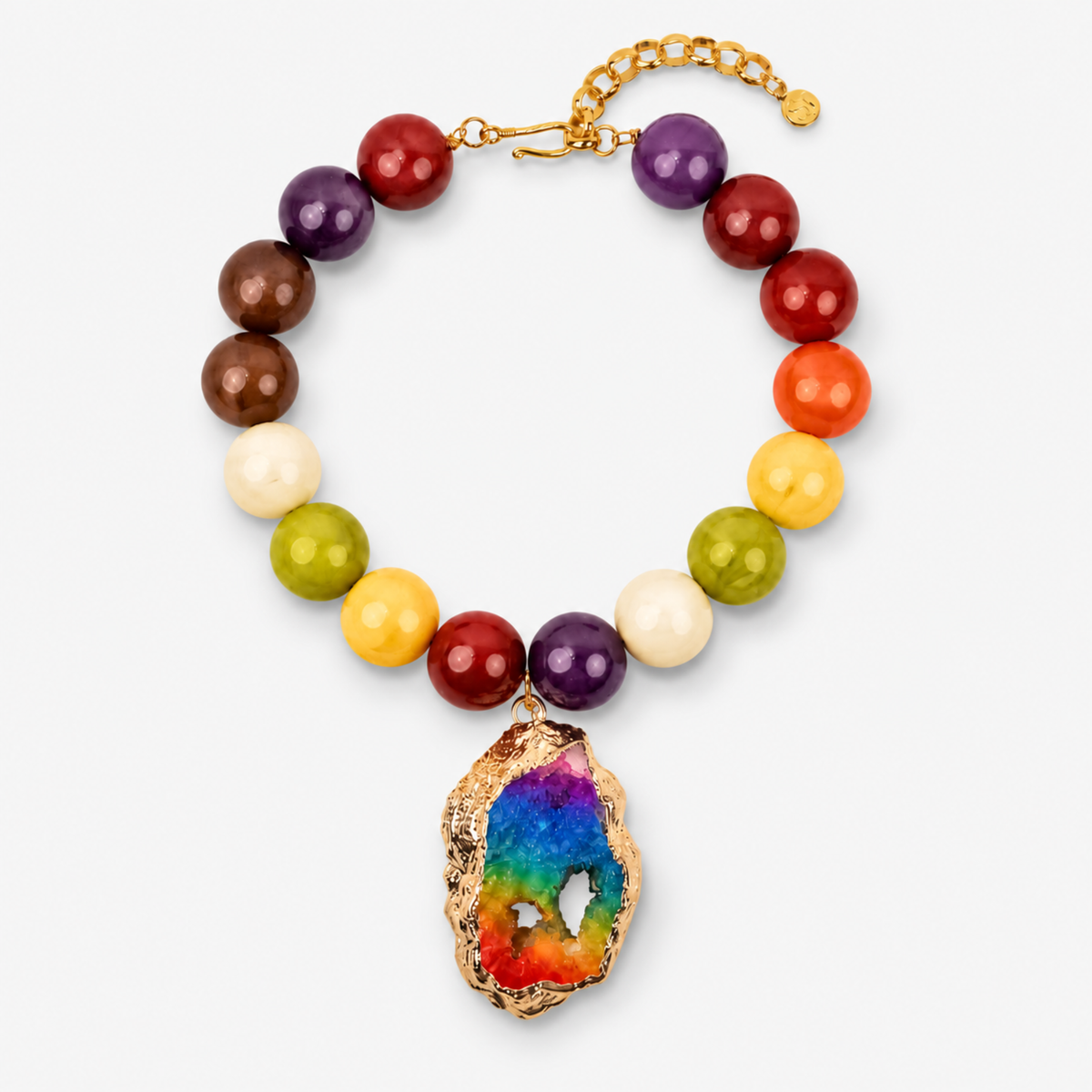 Chrysallis Agate Chunky Chain Joyride featuring multicolor beads and a raw rainbow agate pendant.
