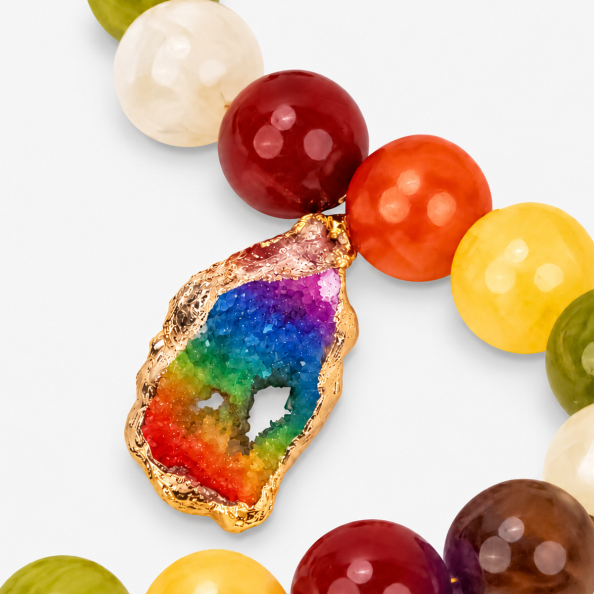 Colorful statement necklace with purple, red, orange, yellow, green, ivory, and brown round beads