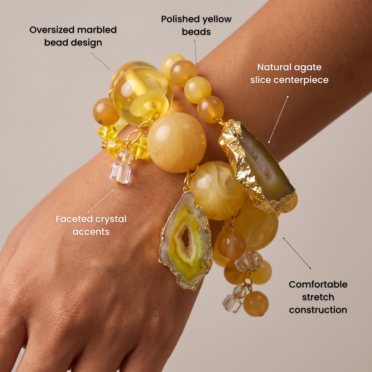 Chrysallis Lemon Sorbet bracelet duo with creamy yellow beads, organic agate stones, and Gold tone finish details.
