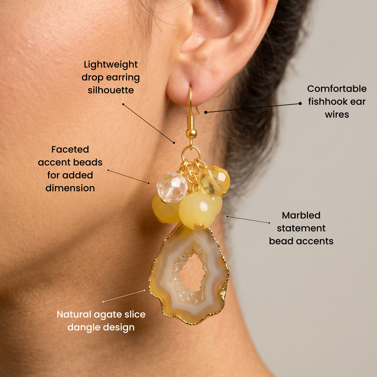 Chrysallis Natural Yellow Agate Dangle Earrings featuring sliced yellow agate drops with clustered yellow and clear beads.