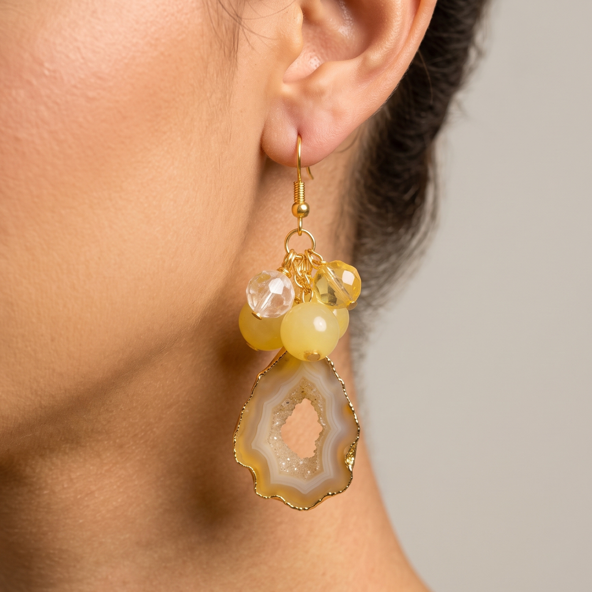 Chrysallis Natural Yellow Agate Dangle Earrings featuring sliced yellow agate drops with clustered yellow and clear beads.