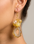 Chrysallis Natural Yellow Agate Dangle Earrings featuring sliced yellow agate drops with clustered yellow and clear beads.