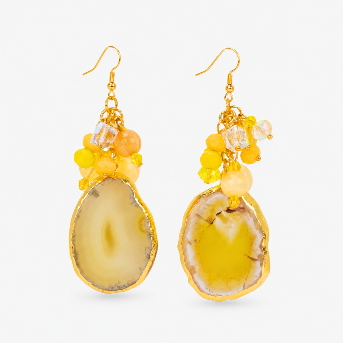 Chrysallis Natural Yellow Agate Dangle Earrings featuring sliced yellow agate drops with clustered yellow and clear beads.