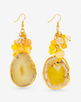 Chrysallis Natural Yellow Agate Dangle Earrings featuring sliced yellow agate drops with clustered yellow and clear beads.