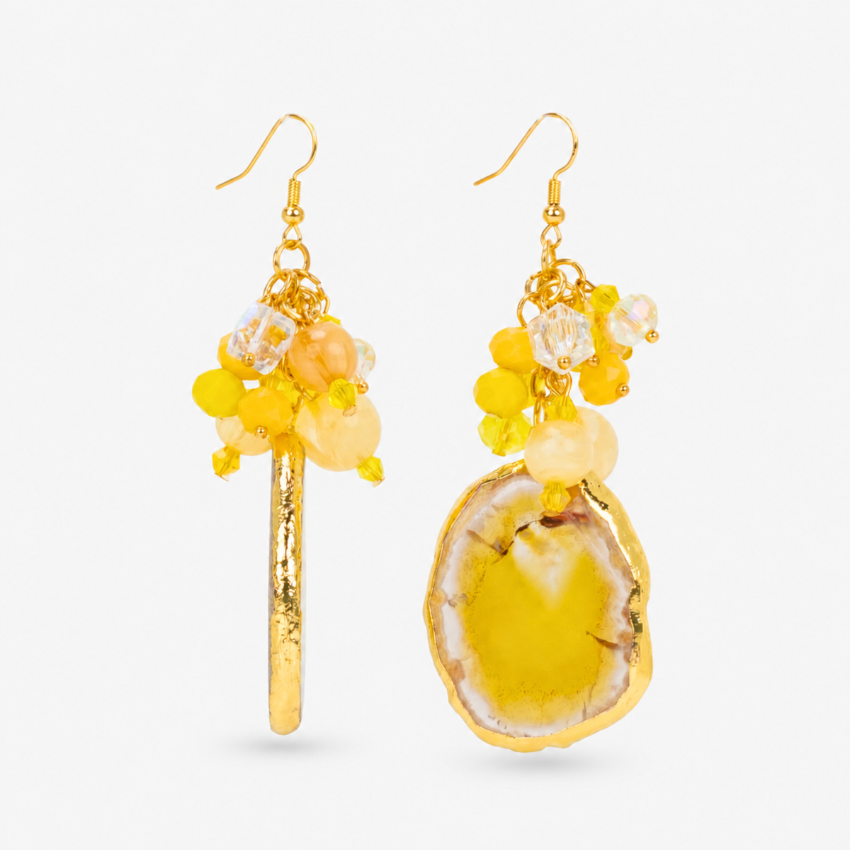 Chrysallis Natural Yellow Agate Dangle Earrings featuring sliced yellow agate drops with clustered yellow and clear beads.