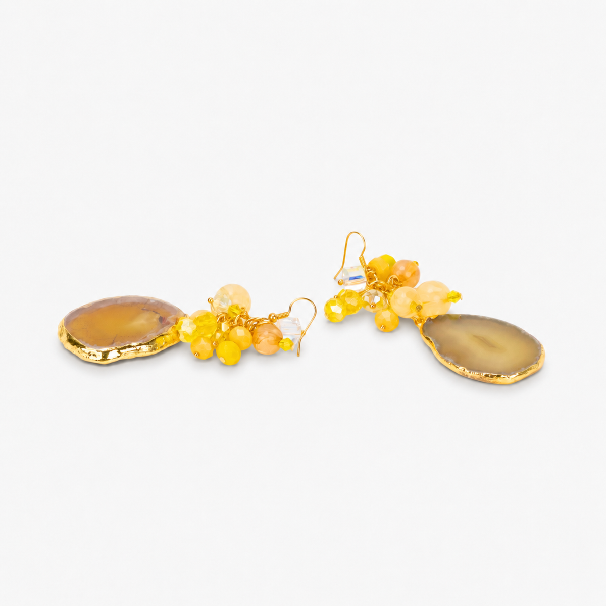 Chrysallis Natural Yellow Agate Dangle Earrings featuring sliced yellow agate drops with clustered yellow and clear beads.