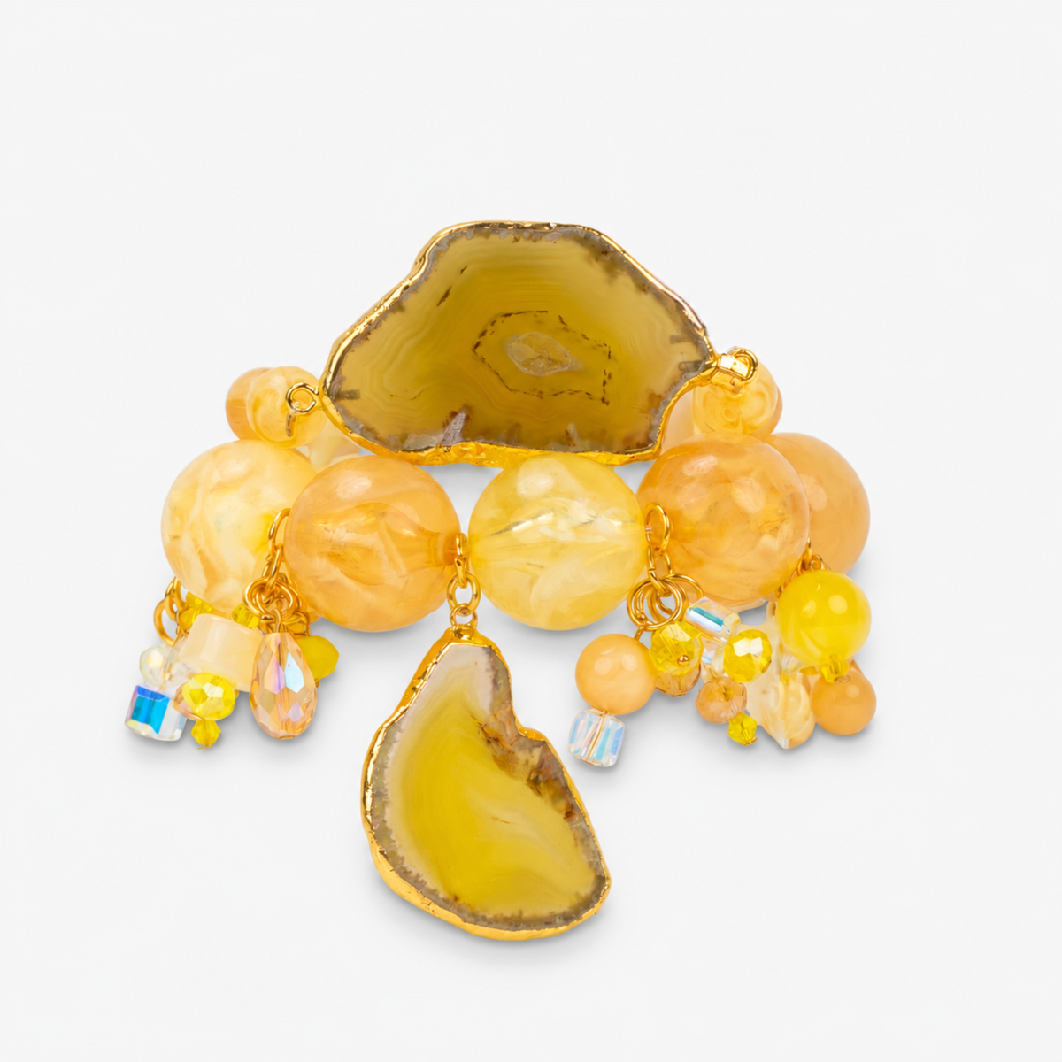Chrysallis Lemon Sorbet 2pc Stretch Bracelet Stack featuring chunky yellow marbled beads and natural agate slices.
