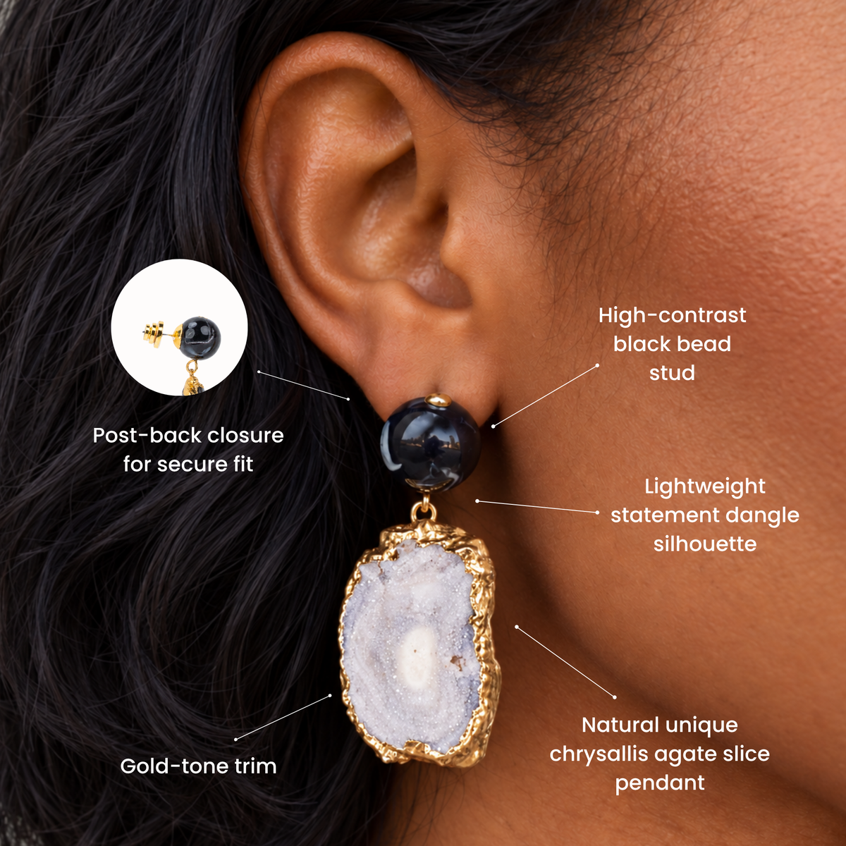 Chrysallis Agate Dangles - Black/Gold,Earrings, Sassy Jones,