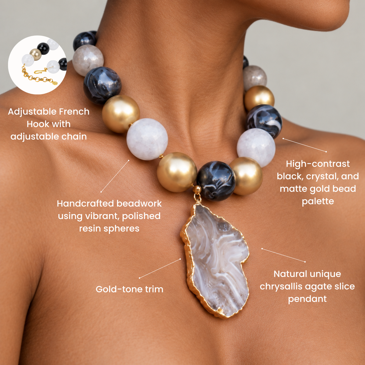 Chrysallis Black Gold necklace with alternating black, translucent, and metallic beads surrounding a sliced natural agate pendant.