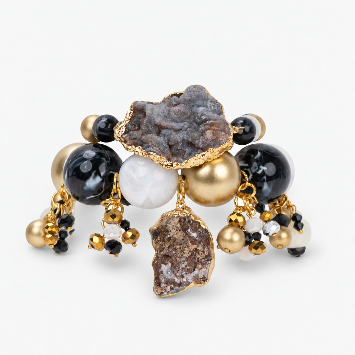 Chrysallis Agate Chunky Stretch Bracelet Black Gold featuring oversized beads and natural raw agate slices.