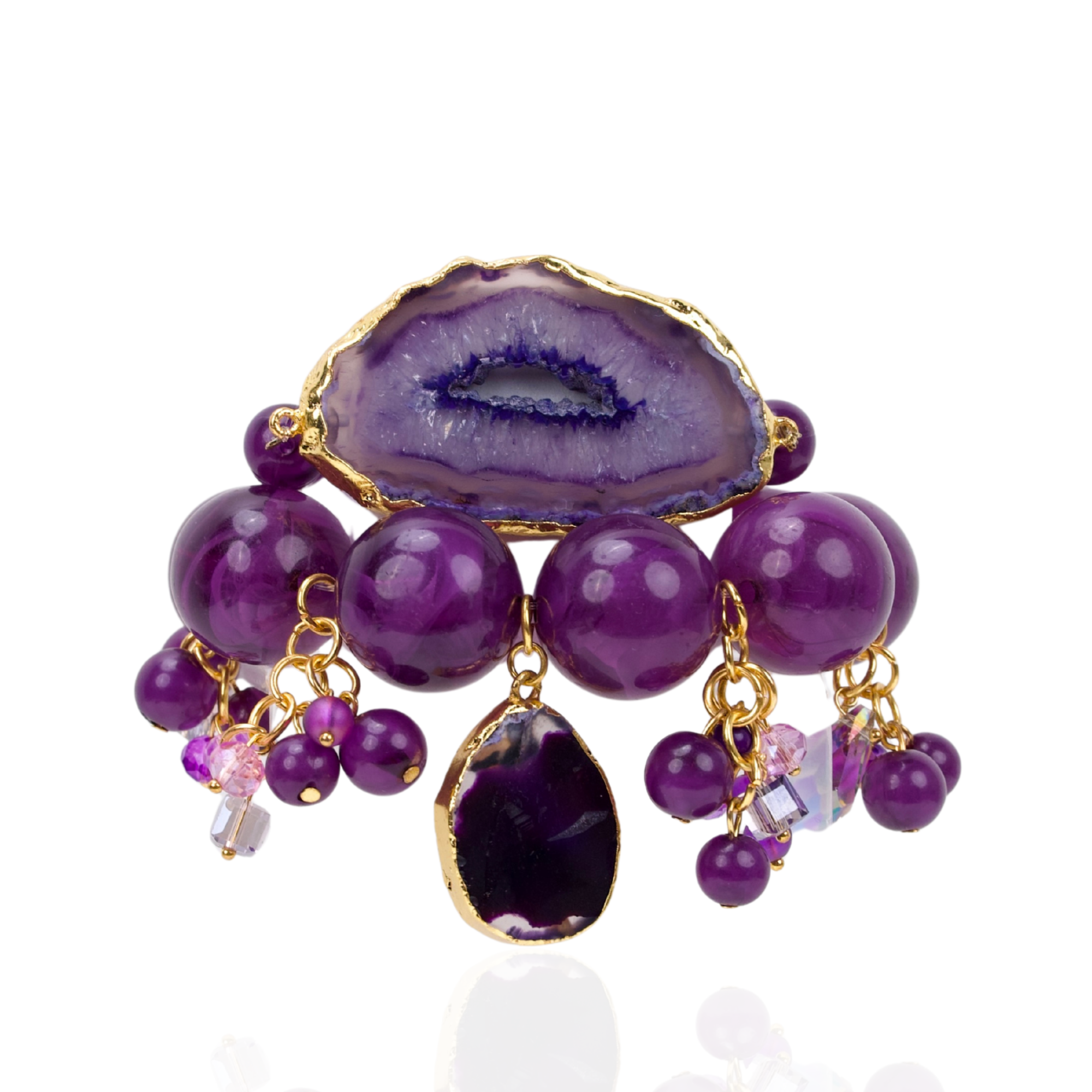 Three piece stretch bracelet stack featuring genuine purple agate beads, a natural druzy agate slice, crystal charms, gemstone accents, and gold detailing.