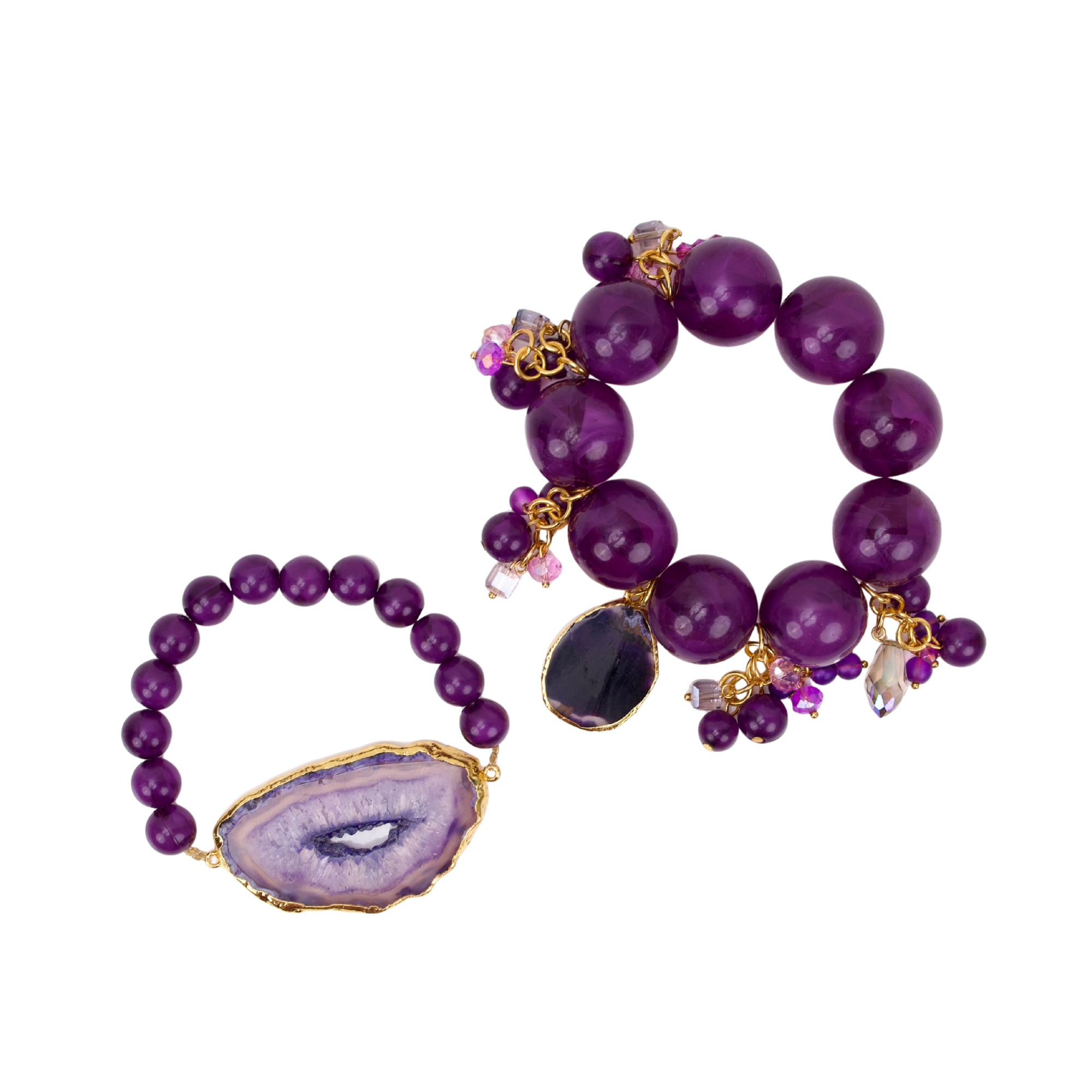 Three piece stretch bracelet stack featuring genuine purple agate beads, a natural druzy agate slice, crystal charms, gemstone accents, and gold detailing.