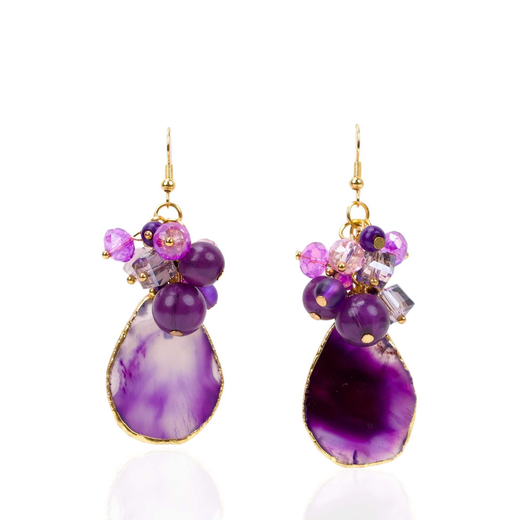 Statement dangle earrings featuring genuine purple agate slices, grape agate beads, faceted crystal accents, and gold detailing.