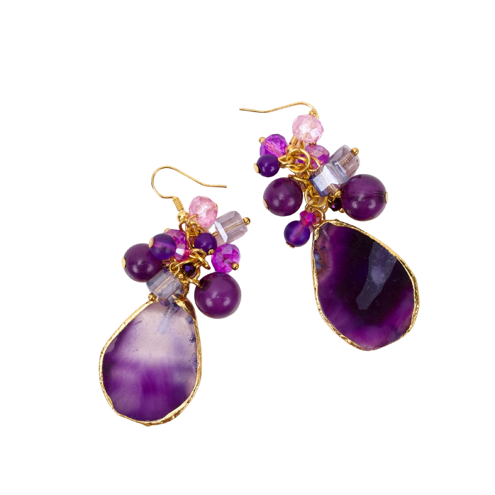 Statement dangle earrings featuring genuine purple agate slices, grape agate beads, faceted crystal accents, and gold detailing.