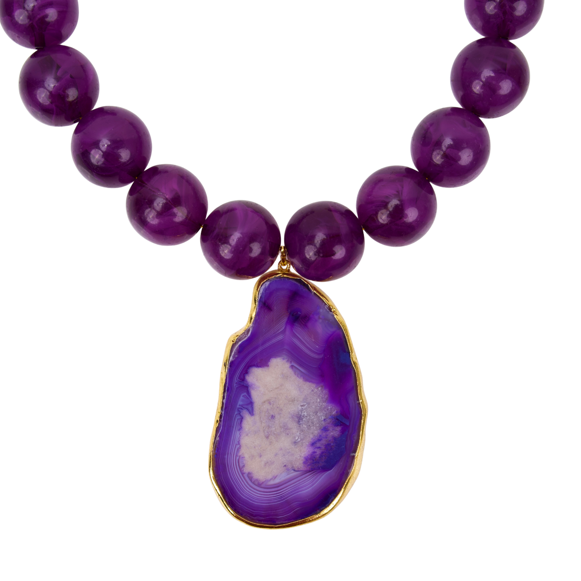 Statement necklace featuring rich grape agate beads and a natural purple druzy agate pendant edged in gold.