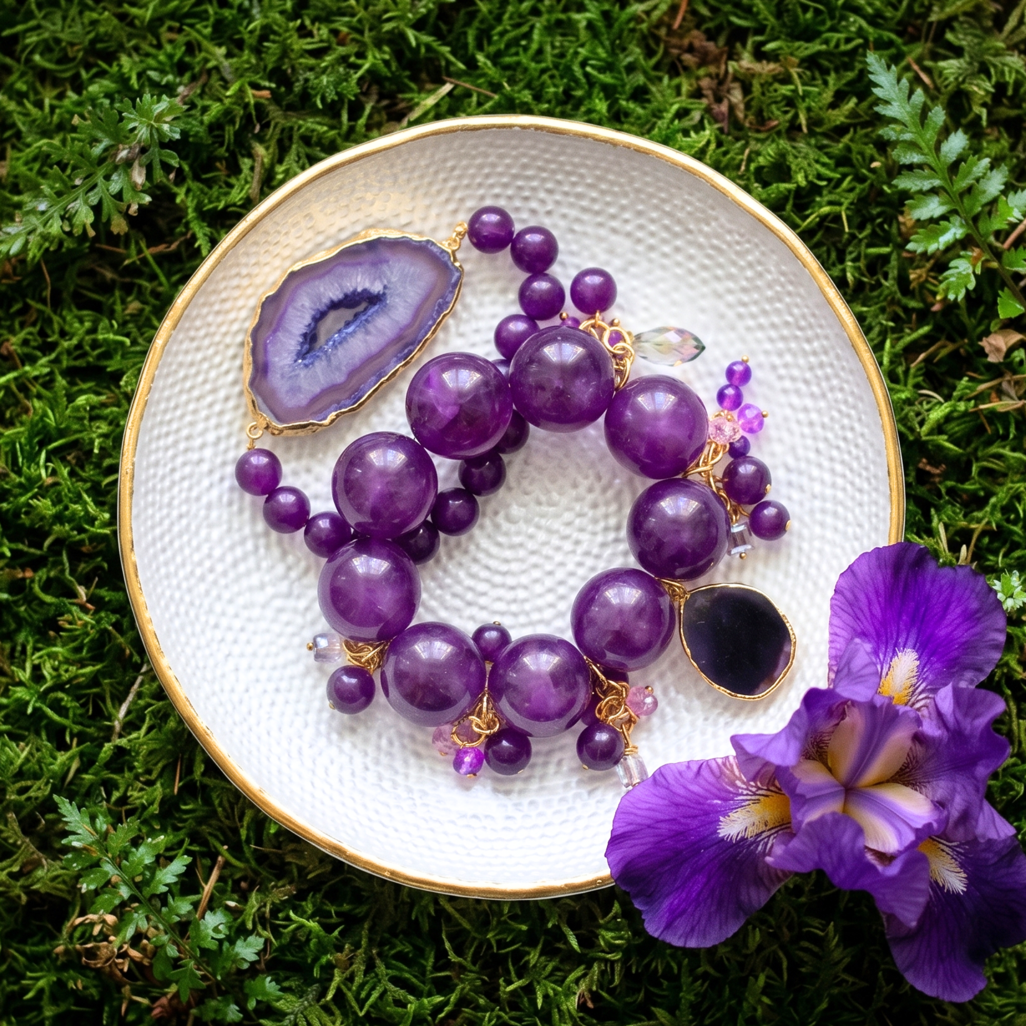 Three piece stretch bracelet stack featuring genuine purple agate beads, a natural druzy agate slice, crystal charms, gemstone accents, and gold detailing.